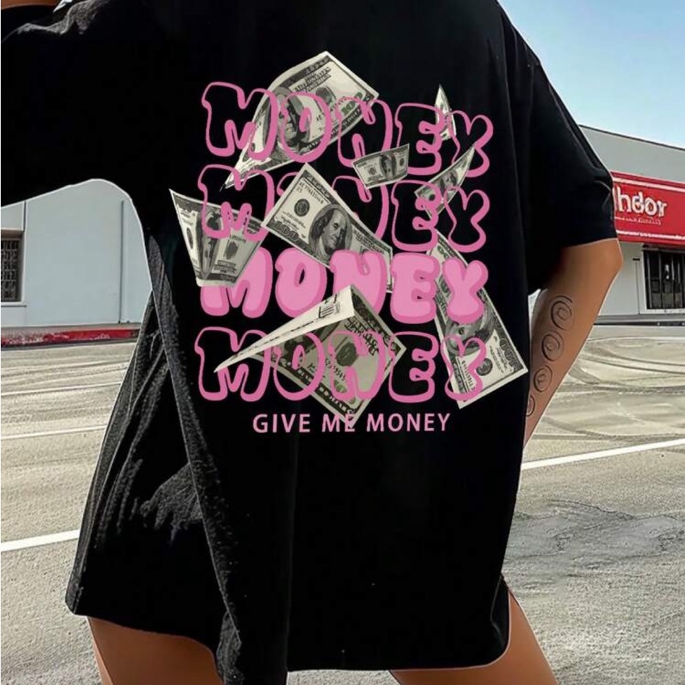 SHEIN Black Tee with Pink Money Graphic